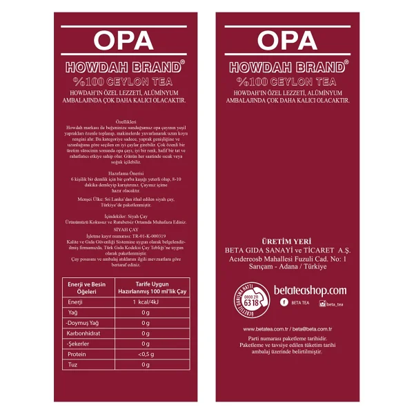 Howdah Brand Pure Ceylon Opa 250 gr Çay - Görsel 2