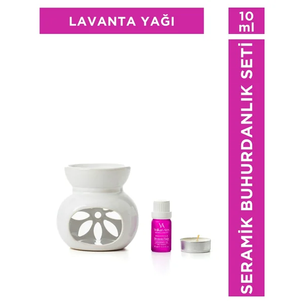 Volkan Ates Natural & Beauty Seramik Buhurdanlık Seti Beyaz Renk + Lavandula Angustifolia Saf Lavanta Yağı 10 ml + Mum - Görsel 5