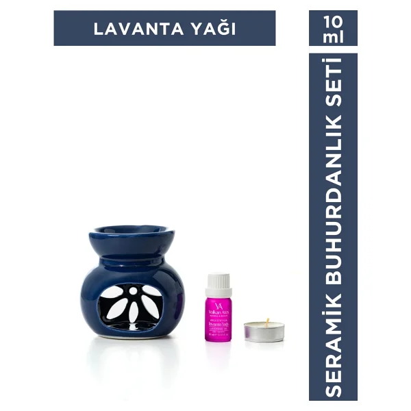 Volkan Ates Natural & Beauty Seramik Buhurdanlık Seti Lacivert Renk + Lavandula Angustifolia Saf Lavanta Yağı 10 ml + Mum - Görsel 6