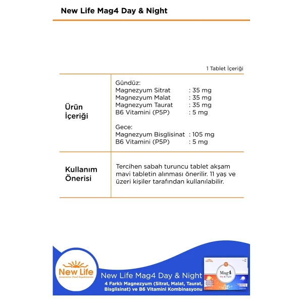 New Life Mag 4 Day & Night 3 Adet Tablet Magnezyum ve B6 Vitaminli Enerji Desteği - Görsel 2