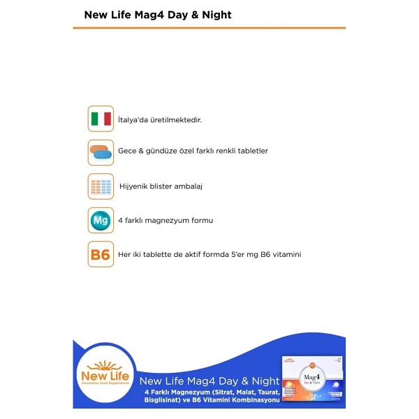 New Life Mag 4 Day & Night 3 Adet Tablet Magnezyum ve B6 Vitaminli Enerji Desteği - Görsel 3