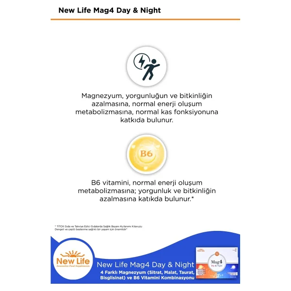 New Life Mag 4 Day & Night 3 Adet Tablet Magnezyum ve B6 Vitaminli Enerji Desteği - Görsel 4