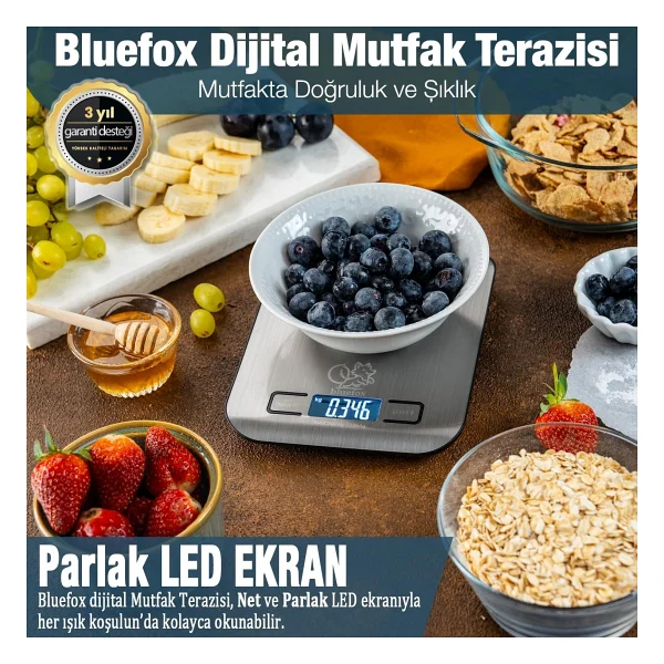Bluefox Dijital Mutfak Terazisi - Paslanmaz Çelik Yüzeyli Hassas Mutfak Tartısı 5 kg Tartı Kapasitesi - Görsel 3