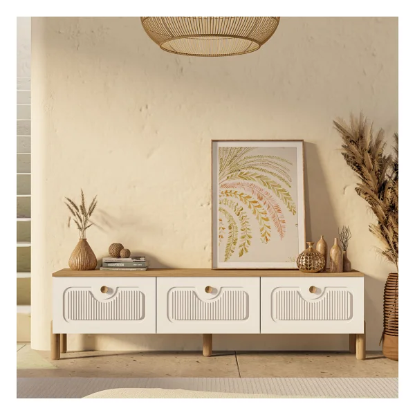 Mezza 4090 Napoli 180 cm (Membran Mdf Kapaklı) Bohem Tv Ünitesi Sepet - Beyaz - Meşe - Beyaz - Görsel 3