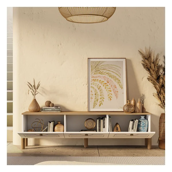 Mezza 4090 Napoli 180 cm (Membran Mdf Kapaklı) Bohem Tv Ünitesi Sepet - Beyaz - Meşe - Beyaz - Görsel 4