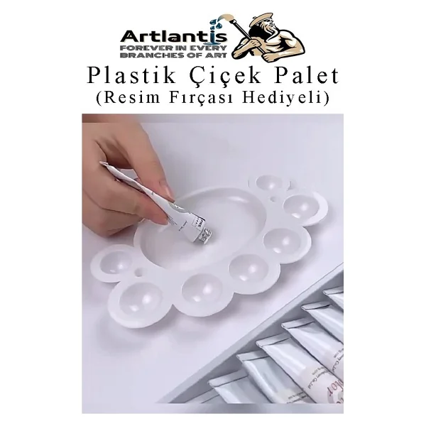 Plastik Çiçek Palet 3 Adet Çiçek Boya Paleti 8 Hazneli 17 cm Resim Boyama Paleti Fırça Hediyeli Sanatsal Hobi - Görsel 3