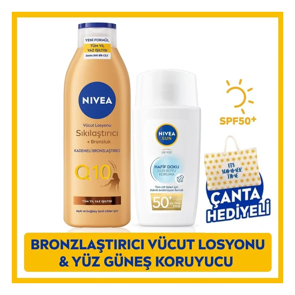 NIVEA SUN Hafif Dokulu Güneş Yüz Kremi SPF50 40ml ve Q10 Bronzluk Vücut Losyonu 250ml - Görsel 2