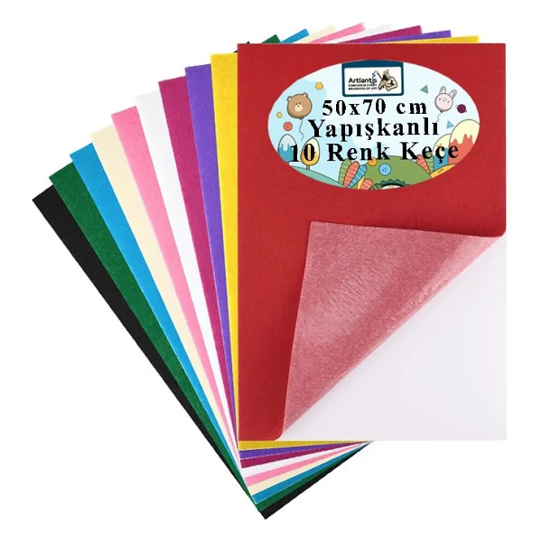 Artlantis Yapışkanlı Keçe 50X70 cm 10 Renk 1 Paket 2.0 mm Renkli Hobi Keçesi Elişi Keçe Kumaşı Anasınıfı Kreş Okul Öncesi El Sanat - Çok Renkli - Görsel 2