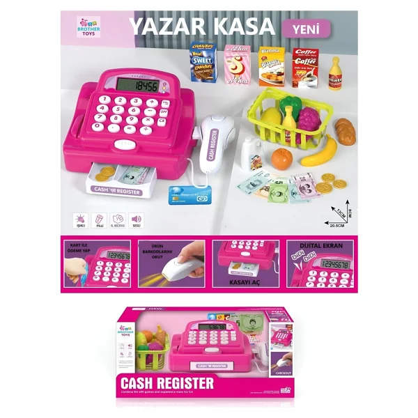 Brother Toys Oyuncak Yazar Kasa 29 Parça Sesli Işıklı Hesap Makineli Barkod Okuyuculu Market Yazarkasa Pos Pembe - Görsel 2