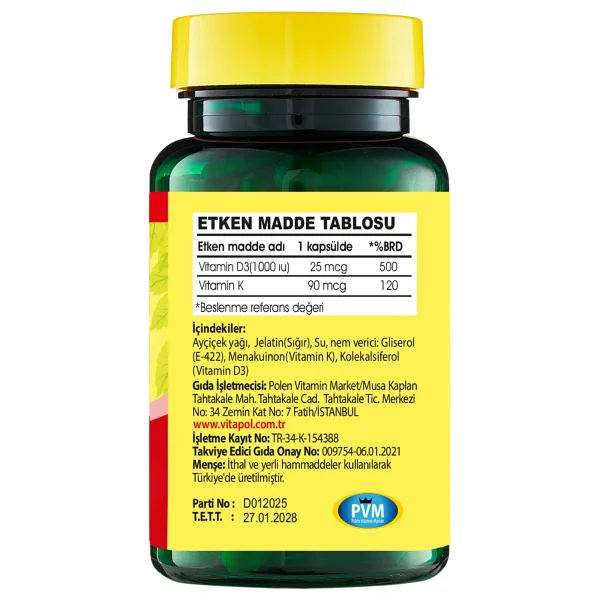 Vitapol Vitamin D3 K2 100 Yumuşak Kapsül 100 Adet 1000 IU İçerik Bilgisi ile Takviye Edici Gıda - Görsel 2