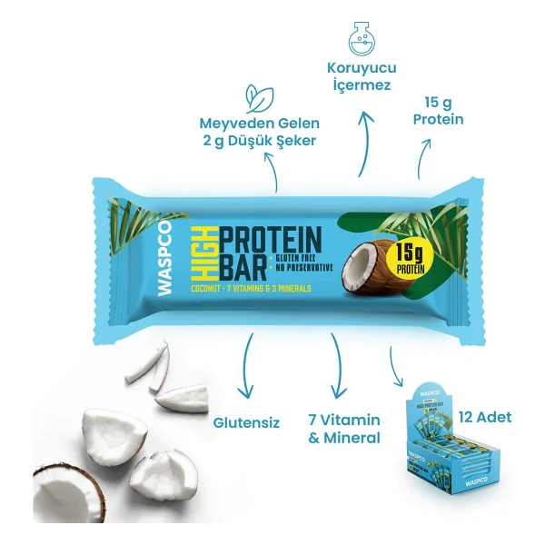 Waspco Yüksek Protein Bar - Hindistan Cevizli 50g x 12 Adet - 1 Adet - Görsel 2