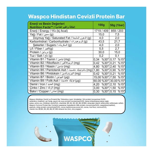 Waspco Yüksek Protein Bar - Hindistan Cevizli 50g x 12 Adet - 1 Adet - Görsel 6