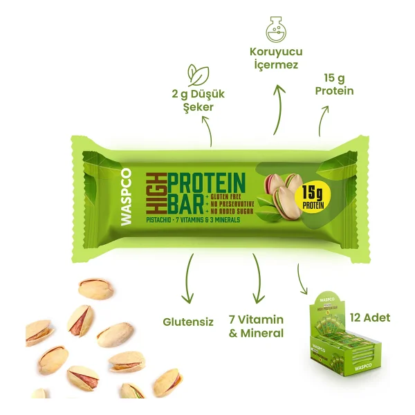 WaspCo Antep Fıstıklı 50 gr 12'li Yüksek Protein Bar - Görsel 2