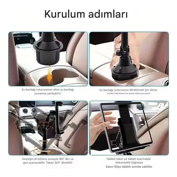 14 Inç Uyumlu Evrensel Araba Bardaklık Tablet ve Telefon Tutucu Ayarlanabilir Araba Tablet Tutacağı - Siyah - Görsel 2