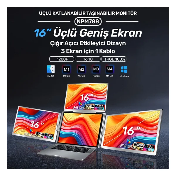 Npo NPM788 16" 14 ms Full HD IPS 3'lü Taşınabilir Monitör - Görsel 2