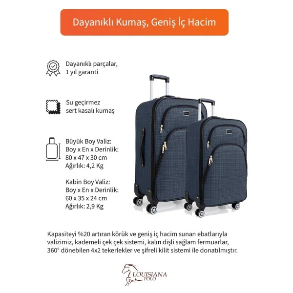 Louisiana Polo 1081 Kumaş Lacivert Kabin + Büyük Boy 2'li Valiz Seti - Görsel 8
