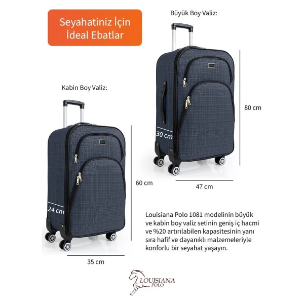 Louisiana Polo 1081 Kumaş Lacivert Kabin + Büyük Boy 2'li Valiz Seti - Görsel 9
