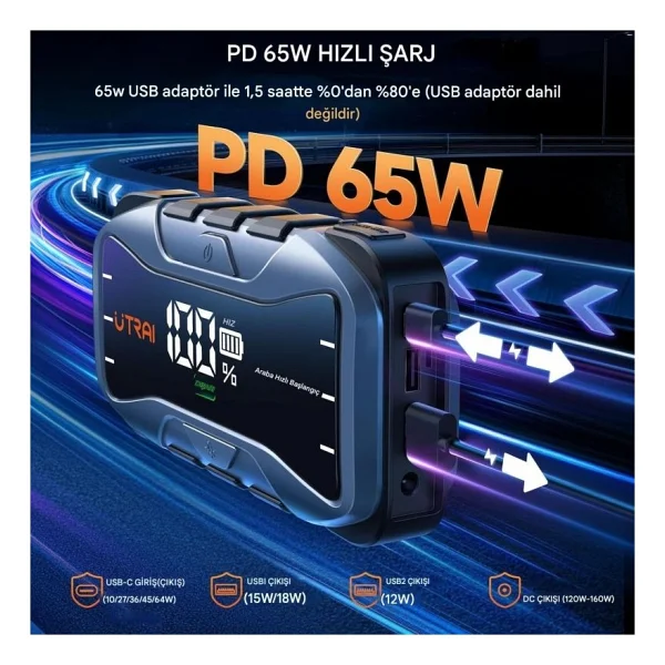UTRAI Jstar JS10 27000mAh 6000A Bitmiş Akü Çalıştıran Jump Starter Taşınabilir Akü Takviye Cihazı + Taşıma Çantası (Çanta + 65W PD Powerbank + LED Lamba) - Görsel 4