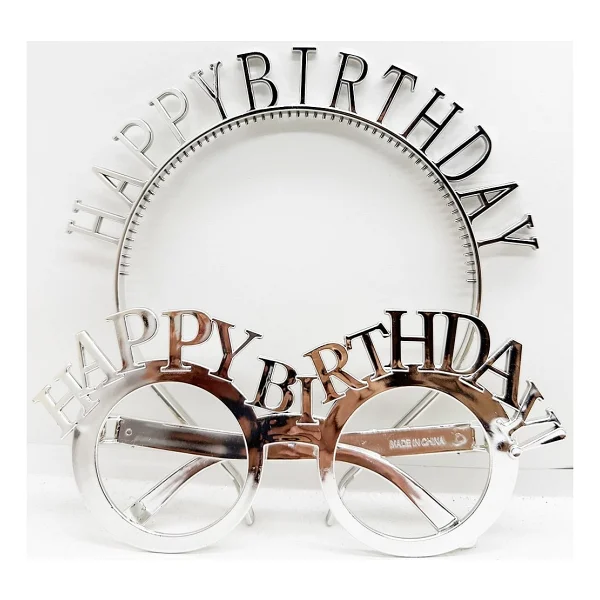 Happy Birthday Yazılı ve Happy Birthday Yazılı Gözlük Seti Gümüş Renk - Görsel 2