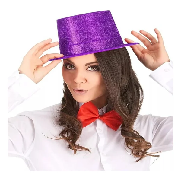 Koyu Mor Renk Violet Parıltılı Simli Fötr Silindir Parti Şapkası - Görsel 4