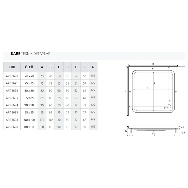 Kare Panelli H:15 Duş Teknesi - 110 X 110 - Görsel 2