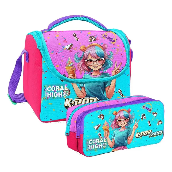 Coral High Kız Çocuk Yeşil Mor Leopar Thermo Beslenme Çantası ve Üç Bölmeli Kalemlik Seti - Görsel 4