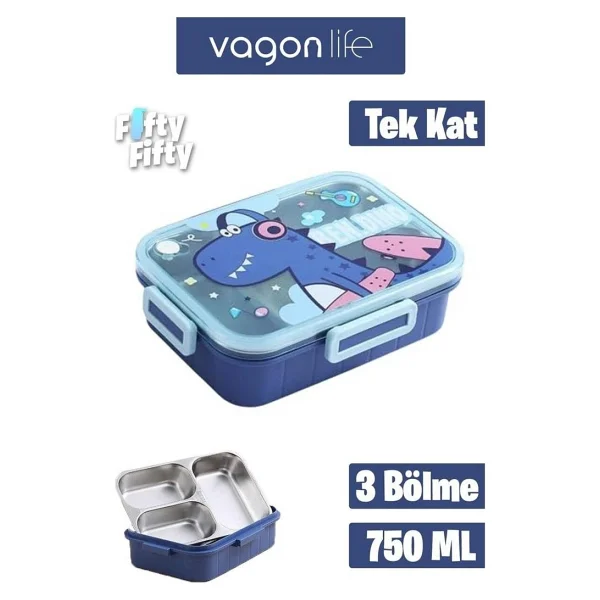 Vagonlife Bento BL50555-1 Sevimli Dostlar Dinozor 750 ml 3 Bölmeli Çelik Beslenme Kutusu - Görsel 8
