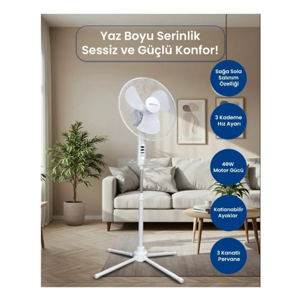 Bright Elegance BE-4116 16'' Katlanabilir Beyaz Ayaklı Vantilatör - Görsel 2