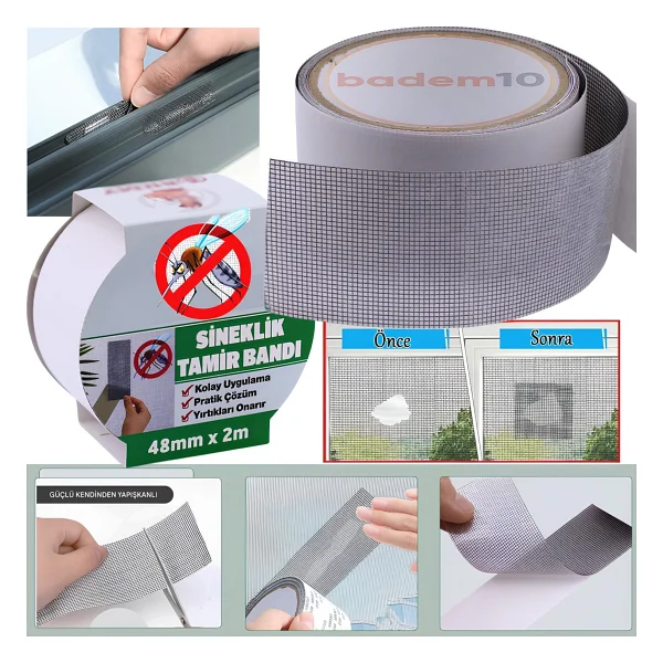 48 mm x 2 Metre Yapışkanlı Sineklik Yaması Tülü Tamir Bandı Bantı Yırtık Kopmuş Delik Fiber Tül Yapıştırma Gri - Görsel 6