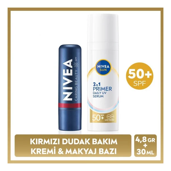 NIVEA SUN SPF50 Güneş Koruyucu Primer Nemlendirici Makyaj Bazı30ml ve Kırmızı Renk Nemlendirici Dudak Krem - Görsel 6