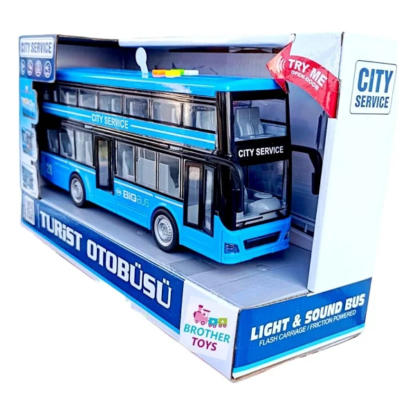Brother Toys Turist Gezi Otobüsü Iki Katlı Ön ve Orta Kapısı Açılabilen Sesli Işıklı Oyuncak Şehir Otobüs 27 cm - Mavi - Görsel 6