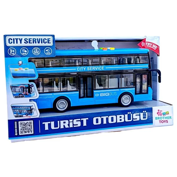 Brother Toys Turist Gezi Otobüsü Iki Katlı Ön ve Orta Kapısı Açılabilen Sesli Işıklı Oyuncak Şehir Otobüs 27 cm - Mavi - Görsel 2