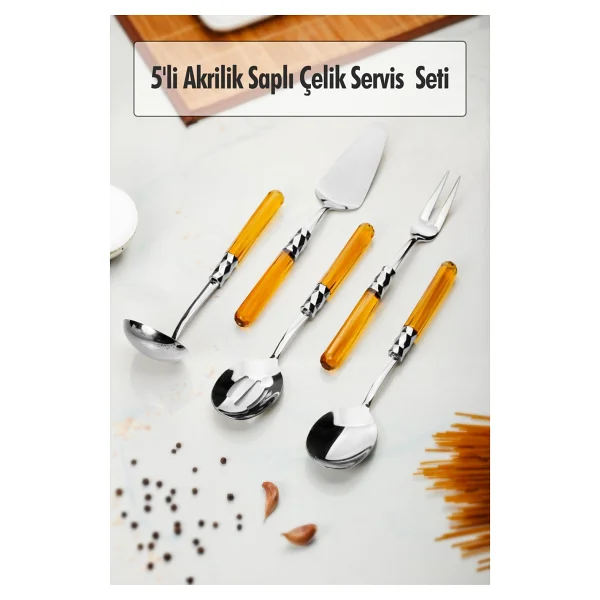 5 Parça Platin Servis Seti & Servis Sunum Seti Amber ( Kepçe / Kevgir / Sıpatula / Çatal / Kaşık) - Görsel 3