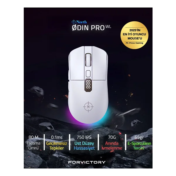 North Odin Pro WL Beyaz Şarjlı Optik Kablosuz Oyuncu Mouse - Görsel 4
