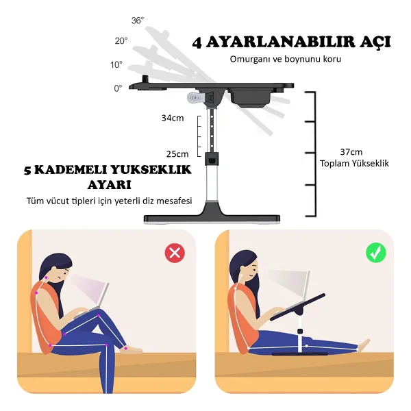 Ayarlanabilir Eğimli Laptop Sehpası Eğimli Laptop Masası Yüksekli Ayarlı Katlanabilir Laptop Sehpası Ye - 60x35x38 - Siyah - Görsel 4