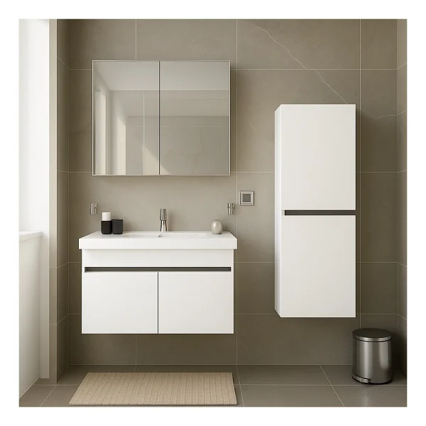 Dmz Home Concept Arista 80 cm Beyaz Renkli Mdf, Seramik Lavabolu, Alt - Üst ve Boy Dolaplı, Üst Dolap Aynalı, Banyo Dolabı Seti - Görsel 9