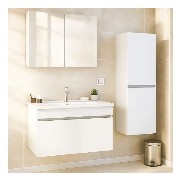 Dmz Home Concept Arista 80 cm Beyaz Renkli Mdf, Seramik Lavabolu, Alt - Üst ve Boy Dolaplı, Üst Dolap Aynalı, Banyo Dolabı Seti - Görsel 2