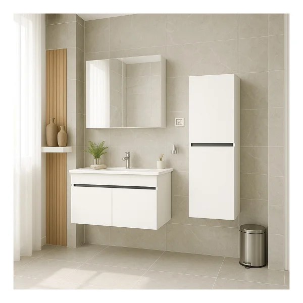 Dmz Home Concept Arista 80 cm Beyaz Renkli Mdf, Seramik Lavabolu, Alt - Üst ve Boy Dolaplı, Üst Dolap Aynalı, Banyo Dolabı Seti - Görsel 3