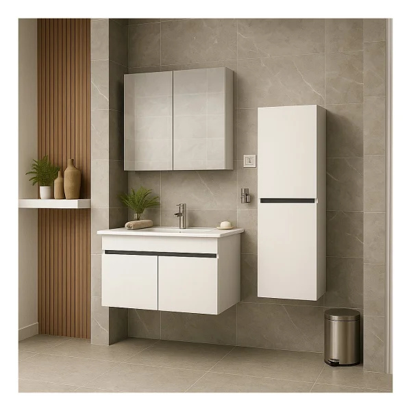 Dmz Home Concept Arista 80 cm Beyaz Renkli Mdf, Seramik Lavabolu, Alt - Üst ve Boy Dolaplı, Üst Dolap Aynalı, Banyo Dolabı Seti - Görsel 4
