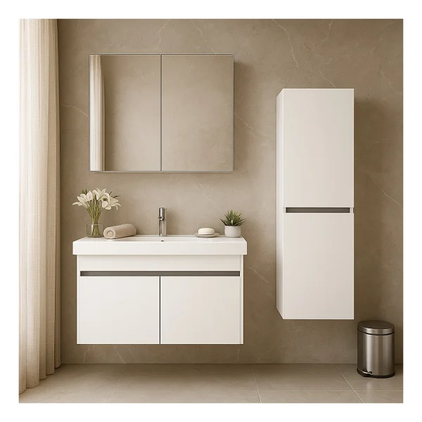 Dmz Home Concept Arista 80 cm Beyaz Renkli Mdf, Seramik Lavabolu, Alt - Üst ve Boy Dolaplı, Üst Dolap Aynalı, Banyo Dolabı Seti - Görsel 5