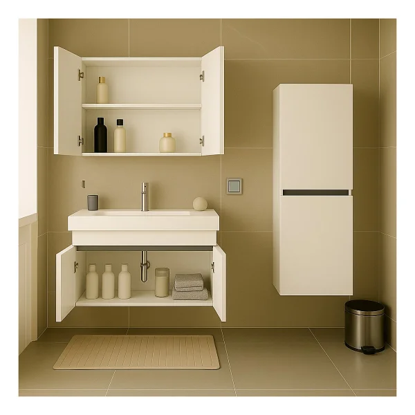Dmz Home Concept Arista 80 cm Beyaz Renkli Mdf, Seramik Lavabolu, Alt - Üst ve Boy Dolaplı, Üst Dolap Aynalı, Banyo Dolabı Seti - Görsel 6