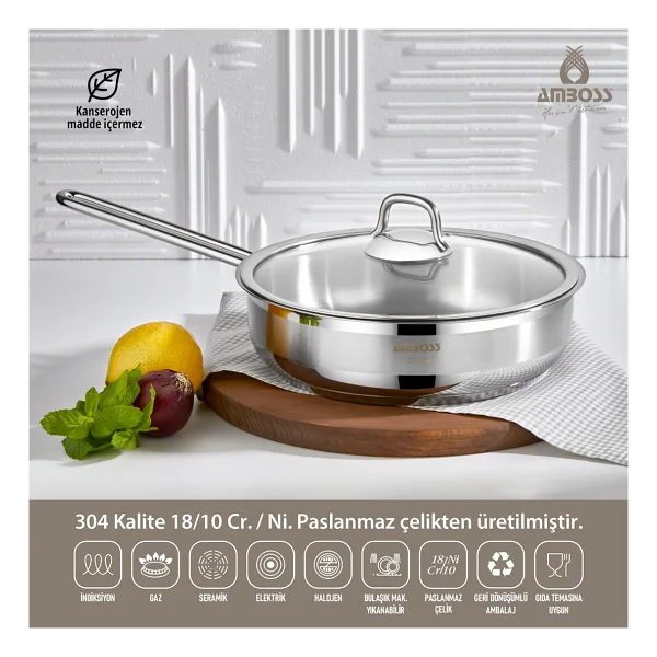 Amboss Saphire 22 cm Cam Kapaklı Çelik Tava - Görsel 2