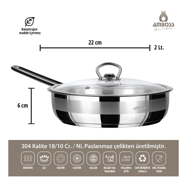Amboss Saphire 22 cm Cam Kapaklı Çelik Tava - Görsel 5