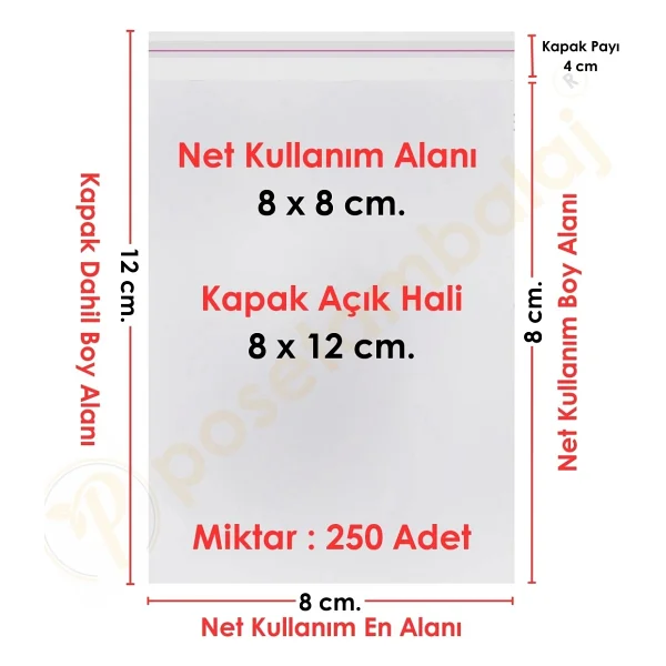 8x8+4 cm.(8x12) 250 Adet Şeffaf Bantlı Yapışkanlı OPP Poşet - Görsel 5