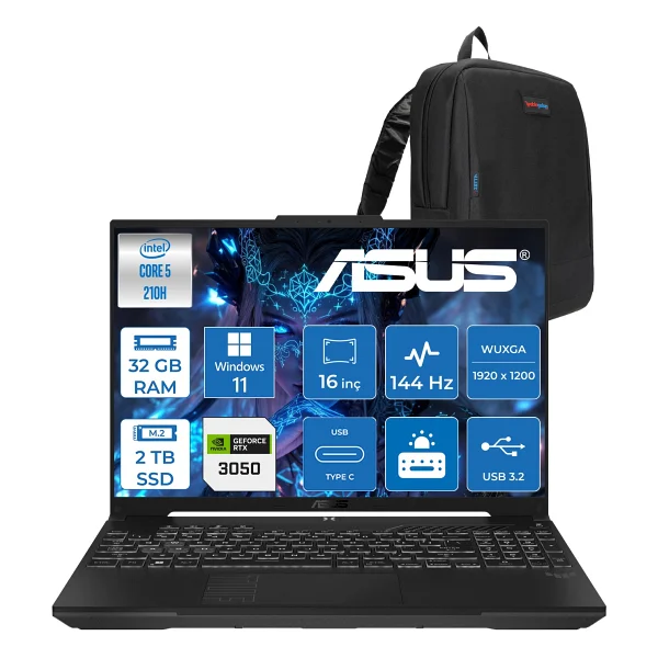 Asus Tuf Gaming F16 FX607VJ Intel Core 5-210H 32GB 2tb SSD RTX3050 6gb 16 Inç Wuxga 144Hz IPS Windows 11 Pro Gaming Notebook RL033P19 + Zetta Çanta - 2 TB - 32 GB - Görsel 6