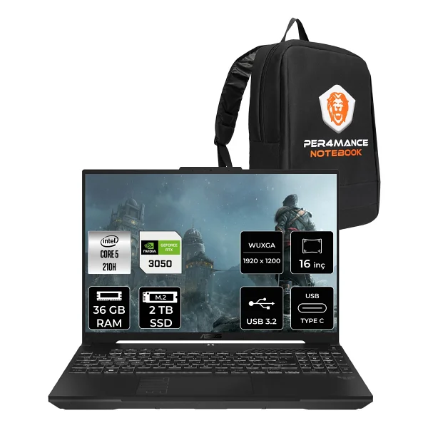 Asus Tuf Gaming F16 Core 5 210H RTX 3050 Gaming Laptop 36GB RAM 2TB SSD 16" FHD+ 144Hz FreeDOS + Per4 Çanta FX607VJRL033P334 - 2 TB - 36 GB - Görsel 6