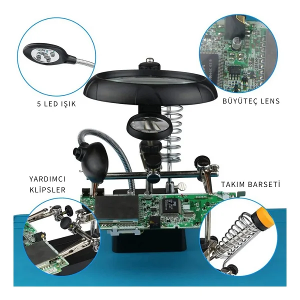 MG16129-B Masaüstü Işıklı Büyüteç Yardımcı El Lehimleme Standı 130mm - Görsel 2