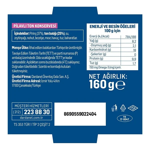 Dardanel Aç Ye Pilavlı Ton 160 gr - Görsel 2