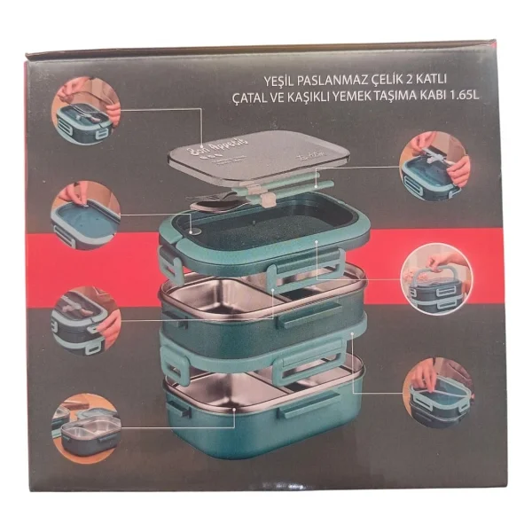 Tantitoni Lunch Box 2 Katlı Çatal ve Kaşıklı Yemek Taşıma Kabı 1.65 L. - Görsel 8