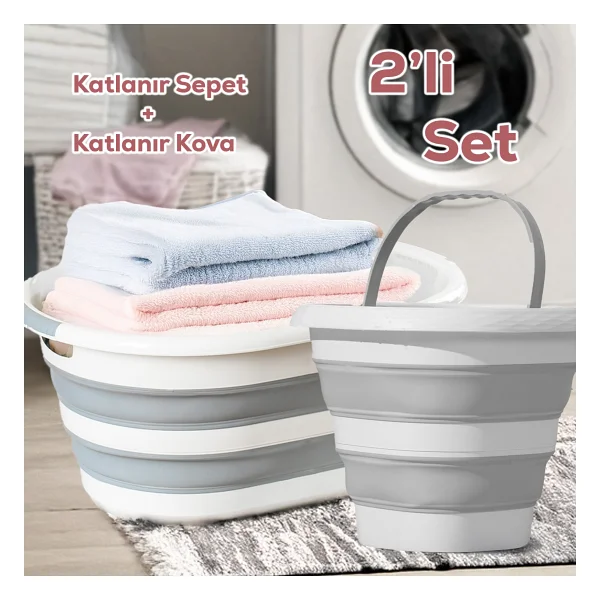 Porsima 2li Katlanır Temizlik Seti - Katlanır Sepet 25LT - Katlanır Kova 10LT - Açık Gri - Görsel 6